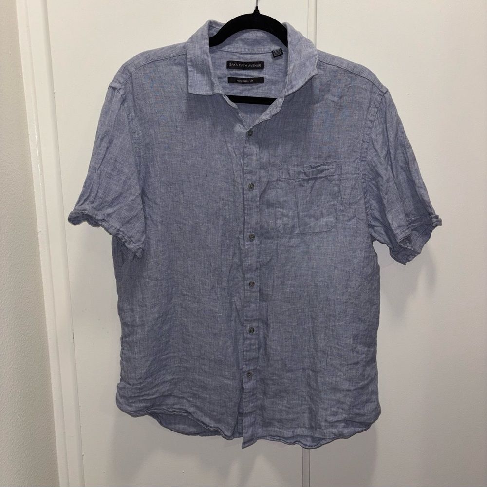 Saks Fifth Ave Women’s Sz Large 100% Linen Blue Button Down Top Casual Classic